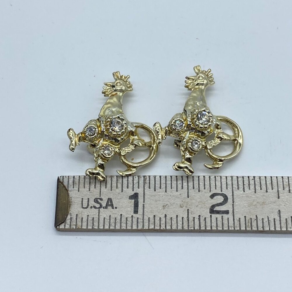 Vintage Gold Tone Roosters Brooches With Rhinestone Accents Pins Set of 2 - Picture 4 of 9